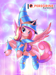 Size: 600x800 | Tagged: safe, artist:phoenixperegrine, princess cadance, alicorn, pony, anime crossover, blush sticker, blushing, clothes, cosplay, costume, dark magician girl, female, looking at you, mare, patreon, patreon logo, smiling, solo, spread wings, wings, yu-gi-oh!