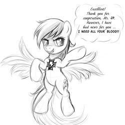 Size: 1200x1200 | Tagged: safe, artist:rainbow, rainbow dash, pegasus, pony, vampire, vampony, amulet, black and white, element of loyalty, female, grayscale, mare, monochrome, pointing, simple background, solo, speech bubble, white background