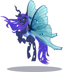 Size: 2000x2275 | Tagged: safe, artist:phucknuckl, nightmare moon, princess luna, queen chrysalis, changeling, changeling queen, moth, mothling, original species, changelingified, female, inkscape, luna moth, open mouth, simple background, solo, species swap, tongue out, transparent background, vector