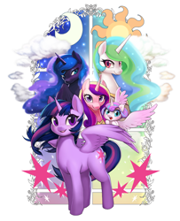 Size: 1136x1400 | Tagged: safe, artist:pohwaran, princess cadance, princess celestia, princess flurry heart, princess luna, twilight sparkle, twilight sparkle (alicorn), alicorn, pony, alicorn pentarchy, ethereal mane, female, looking at you, starry mane