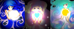 Size: 9894x3969 | Tagged: safe, artist:kisaradoesart16, princess cadance, princess celestia, princess luna, human, female, heart, humanized, looking at you, moon, sun, trio