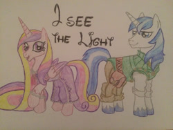 Size: 2828x2121 | Tagged: safe, artist:gibina4ever, princess cadance, shining armor, alicorn, pony, unicorn, clothes, costume, crossover, disney, dress, flynn rider, i see the light, long hair, rapunzel, tangled (disney), traditional art