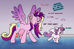 Size: 1500x1000 | Tagged: safe, artist:goodie-bag, derpibooru exclusive, princess cadance, princess flurry heart, alicorn, pony, angry, belly, big belly, blank flank, blushing, cutie mark, dialogue, duo, duo female, female, filly, foal, labor, mare, messy mane, mother and child, mother and daughter, nervous, older, older flurry heart, open mouth, paint.net, parent and child, pregnant, running, scared, spread wings, sweat, sweatdrops, talking, text, wings, yelling