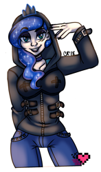 Size: 1128x1920 | Tagged: safe, artist:ladypixelheart, princess luna, human, black nail polish, choker, clothes, eyeshadow, gesture, hoodie, humanized, jeans, makeup, nail polish, pants, punk, simple background, sketch, solo