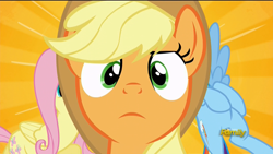 Size: 1920x1080 | Tagged: safe, derpibooru import, screencap, applejack, fluttershy, rainbow dash, earth pony, pegasus, pony, what about discord?, cute, female, frown, glare, jackabetes, looking at you, solo focus, unamused