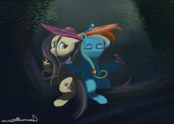 Size: 2877x2064 | Tagged: safe, artist:auroriia, fluttershy, rainbow dash, bird, pegasus, pony, hat, meditating, nest, tree