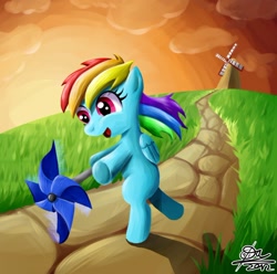 Size: 682x677 | Tagged: safe, artist:otlstory, rainbow dash, pegasus, pony, bipedal, blank flank, filly, filly rainbow dash, foal, grass, grass field, pathway, scenery, signature, solo, windmill, younger