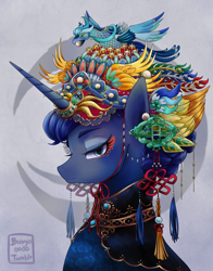 Size: 1500x1913 | Tagged: safe, artist:buryooooo, princess luna, alicorn, bird, pony, alternate hairstyle, beautiful, chinese new year, clothes, eyeshadow, female, looking at you, makeup, mare, smiling, solo