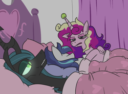 Size: 1034x762 | Tagged: safe, artist:jargon scott, princess cadance, queen chrysalis, shining armor, alicorn, changeling, changeling queen, pony, unicorn, ah yes me my girlfriend and her x, bed, bed mane, bisexual, chrysarmordance, cover, female, glowing eyes, horn, horn guard, lesbian, male, meme, polyamory, ponified meme, shipping, shit eating grin, story in the comments, straight, tennis ball, this will end in death, this will end in pain, this will not end well