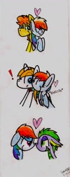 Size: 878x2205 | Tagged: safe, artist:colorfulwonders, braeburn, prince blueblood, rainbow dash, spike, dragon, pegasus, pony, bedroom eyes, bluedash, boop, braedash, cute, daaaaaaaaaaaw, exclamation point, eye contact, eyes closed, female, floating heart, floppy ears, heart, holiday, looking at each other, male, noseboop, nuzzling, rainbow dash gets all the stallions, rainbowspike, shipping, smiling, straight, surprised, traditional art, wide eyes