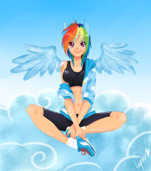 Size: 1500x1700 | Tagged: safe, artist:lepler, derpibooru import, rainbow dash, human, belly button, clothes, cloud, compression shorts, eared humanization, humanized, jacket, looking at you, midriff, shoes, shorts, signature, sitting, smiling, sneakers, socks, solo, sports bra, winged humanization