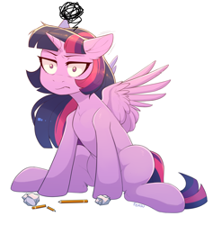 Size: 2848x3000 | Tagged: safe, artist:fensu-san, twilight sparkle, twilight sparkle (alicorn), alicorn, pony, :t, annoyed, female, human shoulders, mare, paper, pencil, simple background, sitting, solo, twilight is not amused, unamused, white background