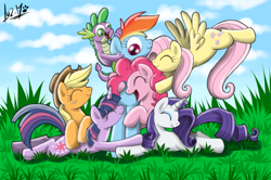 Size: 850x566 | Tagged: safe, artist:chocolatechilla, derpibooru import, applejack, fluttershy, pinkie pie, rainbow dash, rarity, spike, twilight sparkle, dragon, earth pony, pegasus, pony, unicorn, mane seven, mane six