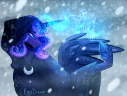 Size: 2000x1500 | Tagged: safe, artist:kary-draws, princess luna, alicorn, pony, cloak, clothes, dancing, female, glowing horn, hood, horn, magic, moon, raised hoof, snow, solo, spirit of hearth's warming yet to come, wings