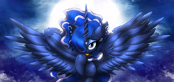 Size: 3980x1900 | Tagged: safe, artist:joakaha, princess luna, alicorn, pony, behaving like a cat, ear piercing, female, horn, looking at you, mare, mlem, moon, night, piercing, preening, silly, sky, solo, tongue out, wings