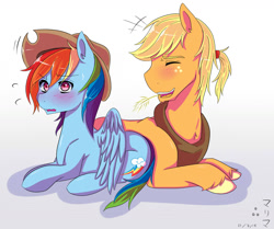 Size: 1280x1072 | Tagged: safe, artist:marima15, derpibooru import, applejack, applejack (male), rainbow dash, earth pony, pegasus, pony, accessory swap, appledash, appledash (straight), blushing, female, half r63 shipping, male, prone, rule 63, shipping, straight, straw