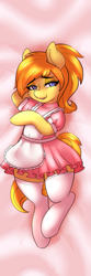 Size: 409x1228 | Tagged: safe, artist:fatcakes, oc, oc only, oc:creme, earth pony, pony, apron, clothes, cute, female, looking at you, lying, maid, socks, solo