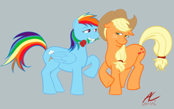 Size: 2150x1344 | Tagged: safe, artist:adan-cricjer, derpibooru import, applejack, rainbow dash, earth pony, pegasus, pony, appledash, female, lesbian, shipping