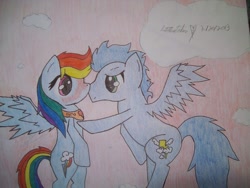 Size: 1024x768 | Tagged: safe, artist:lutetheatcher, rainbow dash, soarin', pegasus, pony, female, male, shipping, soarindash, straight, traditional art