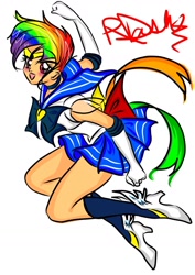 Size: 1024x1448 | Tagged: safe, artist:pixel-chick, derpibooru import, rainbow dash, human, anime, blushing, clothes, crossover, humanized, sailor moon, sailor scout, sailor uniform, solo