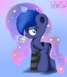 Size: 2660x3070 | Tagged: safe, artist:bronybehindthedoor, princess luna, alicorn, pony, clothes, coffee mug, ethereal mane, galaxy mane, looking back, mug, plot, socks, solo, striped socks