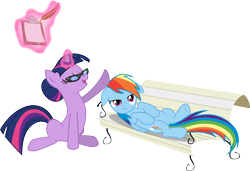 Size: 5113x3500 | Tagged: safe, artist:vaderpl, rainbow dash, twilight sparkle, unicorn twilight, pegasus, pony, unicorn, lesson zero, absurd resolution, alternate hairstyle, bench, clipboard, duo, eyes closed, female, frown, glasses, hair bun, levitation, magic, mare, on back, open mouth, quill, rainbow dash is not amused, simple background, sitting, smiling, telekinesis, therapist, transparent background, twilight's professional glasses, unamused, vector