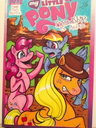 Size: 1024x1370 | Tagged: artist needed, source needed, safe, derpibooru import, idw, applejack, pinkie pie, rainbow dash, earth pony, pegasus, pony, comic, cover, fedora, fedorajack, hat, photo, quality, straw, traditional art