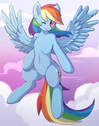 Size: 1159x1479 | Tagged: safe, artist:fensu-san, artist:notsafe2safeponies, edit, rainbow dash, pegasus, pony, semi-anthro, backwards cutie mark, belly, cloud, eyes closed, female, flying, human shoulders, humanoid torso, looking at you, mare, midriff, one eye closed, smiling, solo, spread wings, wings, wink