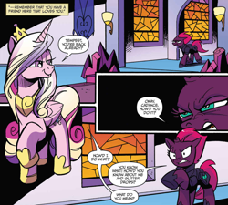 Size: 1078x970 | Tagged: safe, artist:andypriceart, idw, princess cadance, tempest shadow, alicorn, pony, unicorn, spoiler:comic, spoiler:comic68, armor, broken horn, comic, cropped, duo, eye scar, female, mare, official comic, raised hoof, scar, smug, speech bubble