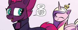 Size: 1047x414 | Tagged: safe, artist:andypriceart, idw, princess cadance, tempest shadow, alicorn, pony, unicorn, spoiler:comic, spoiler:comic68, armor, broken horn, cropped, crying, duo, eye scar, eyes closed, female, mare, official comic, pink background, scar, simple background, speech bubble, tears of joy