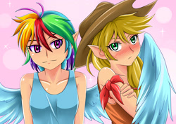 Size: 3507x2480 | Tagged: safe, artist:meielf, derpibooru import, applejack, rainbow dash, human, appledash, blushing, clothes, elf ears, female, hug, humanized, lesbian, pixiv, shipping, tanktop, winged humanization, winghug