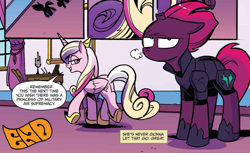 Size: 1089x668 | Tagged: safe, artist:andypriceart, idw, princess cadance, tempest shadow, alicorn, pony, unicorn, spoiler:comic, spoiler:comic68, armor, broken horn, cropped, duo, eye scar, eyeroll, female, floppy ears, mare, official comic, scar, snorting, speech bubble, the end