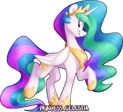 Size: 2999x2719 | Tagged: safe, artist:luximus17, princess celestia, alicorn, pony, cute, cutelestia, female, folded wings, jewelry, looking back, mare, name, profile, raised hoof, regalia, simple background, smiling, solo, standing, transparent background