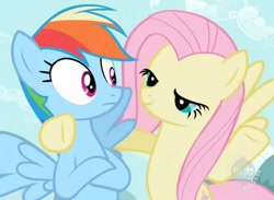 Size: 624x458 | Tagged: safe, screencap, fluttershy, rainbow dash, pegasus, pony, hub logo, hubble, out of context