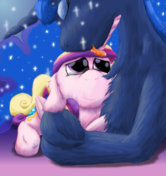 Size: 1691x1794 | Tagged: safe, artist:firefanatic, princess cadance, princess luna, alicorn, pony, chest fluff, cuddling, cute, cutedance, fluffy, grooming, hug, licking, missing accessory, prone, smiling, story included, tongue out