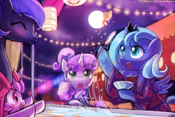 Size: 1125x750 | Tagged: dead source, safe, artist:lumineko, princess luna, sweetie belle, oc, oc:neko heart, alicorn, fish, pony, chinese new year, cotton candy, cute, diasweetes, female, festival, filly, goldfish, lunabetes, lunar new year, s1 luna, self ponidox, woona, younger, yukata