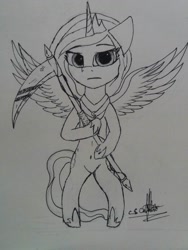 Size: 774x1032 | Tagged: safe, artist:ironbeastz, princess luna, alicorn, pony, bipedal, chibi, monochrome, scythe, solo, traditional art