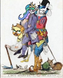 Size: 384x474 | Tagged: safe, artist:ce2438, edit, applejack, princess celestia, shining armor, alicorn, earth pony, human, pony, unicorn, angry, cane, d:, eyes closed, female, hat, jewelry, male, mare, monocle, open mouth, ponies riding ponies, riding, smiling, stallion, tiara, top hat