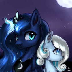 Size: 900x900 | Tagged: safe, artist:rikadiane, princess luna, oc, oc:snowdrop, alicorn, pegasus, pony, horn, jewelry, magic, moon, night, regalia, stars, wings