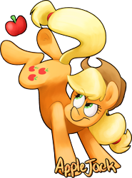 Size: 1985x2679 | Tagged: safe, artist:luximus17, applejack, earth pony, pony, apple, bucking, cute, female, food, jackabetes, looking back, looking up, mare, name, simple background, solo, transparent background