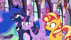 Size: 770x435 | Tagged: safe, screencap, princess luna, sunset shimmer, twilight sparkle, twilight sparkle (alicorn), alicorn, pony, unicorn, equestria girls, equestria girls series, forgotten friendship, :t, ethereal mane, faic, female, fourth wall, lavender, mare, she knows, smack, starry mane, trio, wing hands, wing slap, wrong neighborhood