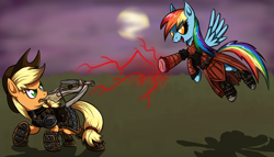 Size: 1080x617 | Tagged: safe, artist:silentbutbeardly, derpibooru import, applejack, rainbow dash, earth pony, pegasus, pony, undead, vampire, vampony, armor, crossbow, dawnguard, fight, lightning, magic, moon, skyrim, the elder scrolls