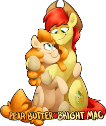 Size: 2351x2796 | Tagged: safe, artist:luximus17, bright mac, pear butter, earth pony, pony, brightbutter, cute, female, hug, looking at each other, male, name, pearabetes, shipping, simple background, sitting, smiling, straight, transparent background