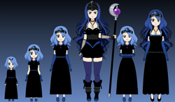 Size: 1243x724 | Tagged: safe, artist:roseprincessmitia, nightmare moon, princess luna, human, age progression, boots, bracelet, clothes, dress, female, filly, fingerless gloves, gloves, gradient background, high heels, humanized, jewelry, kisekae, necklace, shoes, staff, woona, younger