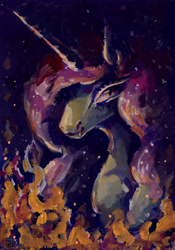 Size: 1721x2454 | Tagged: safe, artist:kimsteinandother, princess luna, alicorn, pony, bust, fire, portrait, solo, traditional art