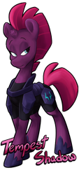 Size: 1250x2772 | Tagged: safe, artist:luximus17, fizzlepop berrytwist, tempest shadow, pony, unicorn, my little pony: the movie, armor, broken horn, cute, female, lidded eyes, looking away, looking sideways, mare, name, simple background, solo, standing, tempestbetes, transparent background