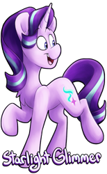 Size: 1401x2270 | Tagged: safe, artist:luximus17, starlight glimmer, pony, unicorn, chest fluff, cute, female, glimmerbetes, head turn, looking at something, looking away, mare, name, open mouth, raised hoof, raised leg, simple background, smiling, solo, standing, transparent background
