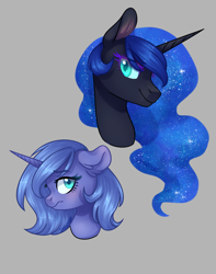 Size: 1024x1301 | Tagged: safe, artist:sannykat, nightmare moon, princess luna, alicorn, pony, bust, female, gray background, looking at you, looking back, mare, s1 luna, simple background, smiling