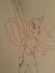 Size: 774x1032 | Tagged: safe, artist:crb145, princess luna, alicorn, anthro, breasts, clothes, cutie mark underwear, female, monochrome, panties, pencil drawing, prank, simple background, skirt, solo, surprised face, to the moon, traditional art, underwear, wedgie, white background