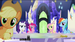 Size: 1920x1080 | Tagged: safe, derpibooru import, screencap, applejack, fluttershy, pinkie pie, rainbow dash, rarity, earth pony, pegasus, pony, unicorn, what about discord?, closed captioning, discovery family logo, yolo